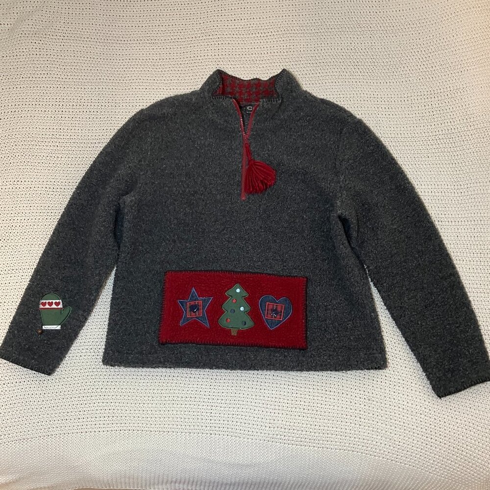 C&B Sport Gray‎ Fleece Quarter Zip Christmas Patch Sweater Women’s Medium Winter